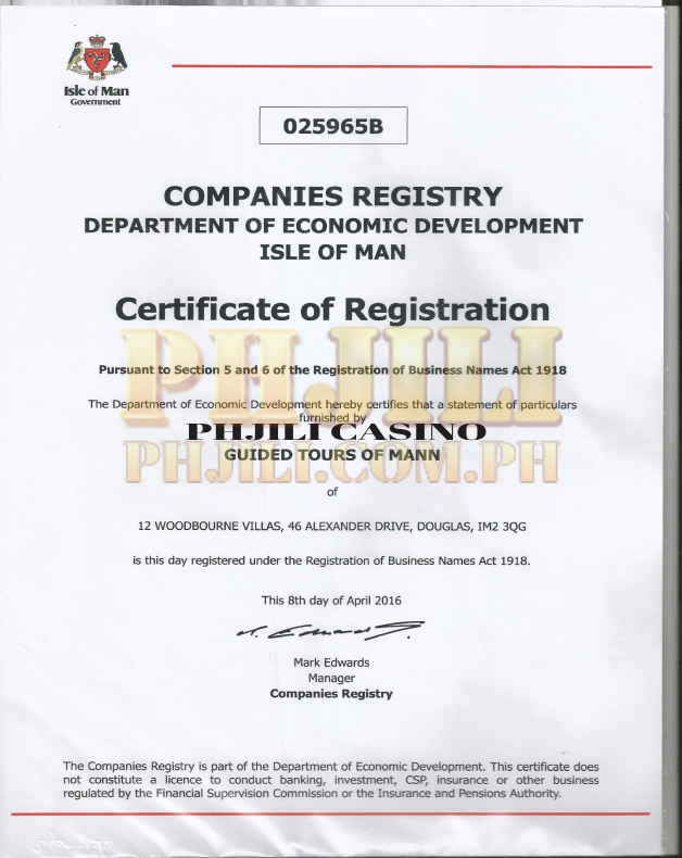 Certificate of registration of PHJIL